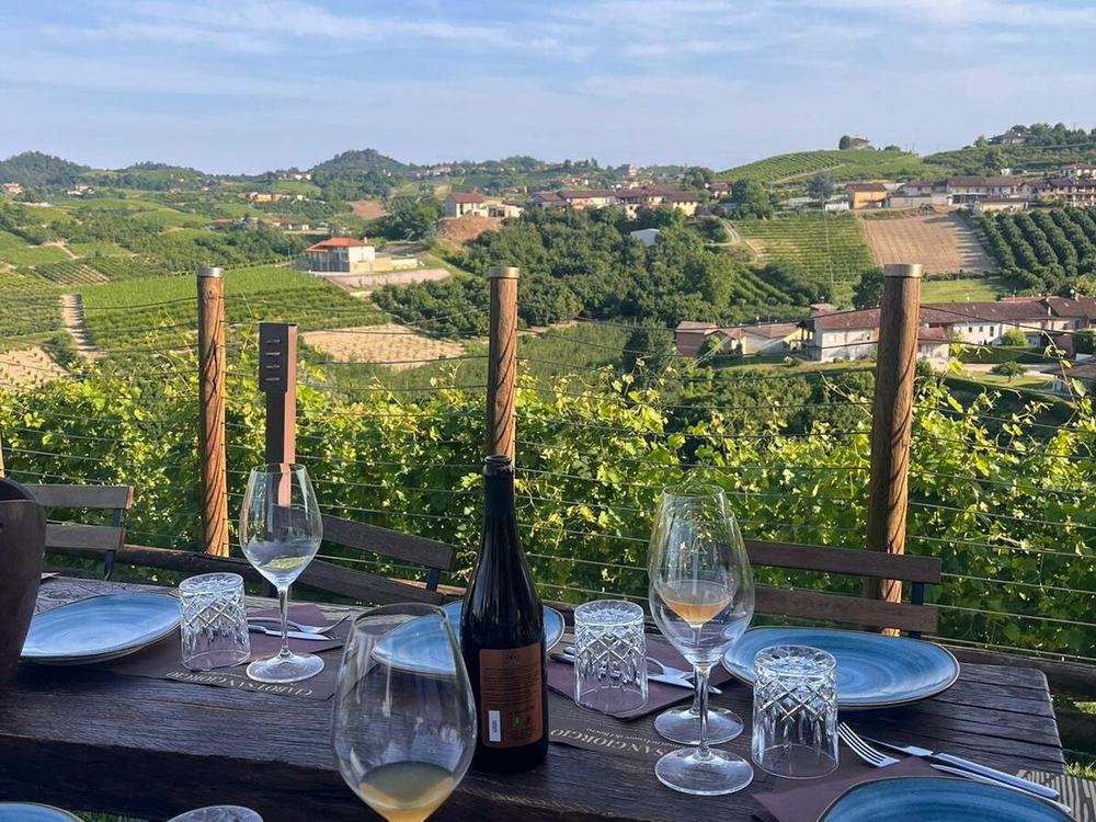 Wine tasting table set overlooking the vineyards